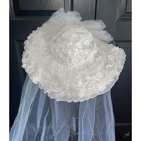 Vintage 80s Bridal Hat Veil Lace Pearl Wide Brim Wedding Hat Ivory main image 5